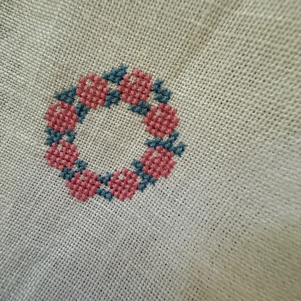 Vintage Cross Stitch Linen Table Runner Blue Pink Floral Bird Fringed Trim